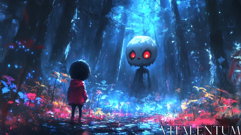 Child in red coat facing glowing-eyed skull figure in forest.