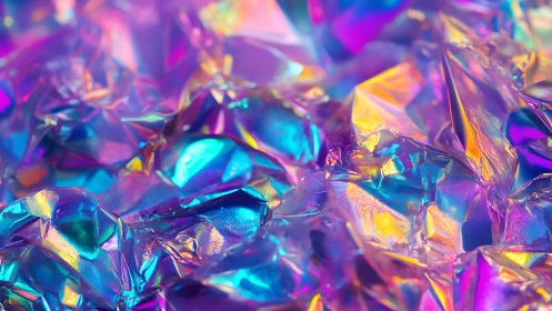 Iridescent prismatic foil surface with neon chromatic refractions.