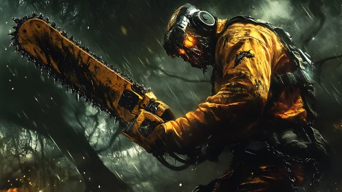 Chainsaw warrior strides through the stormy haunted forest