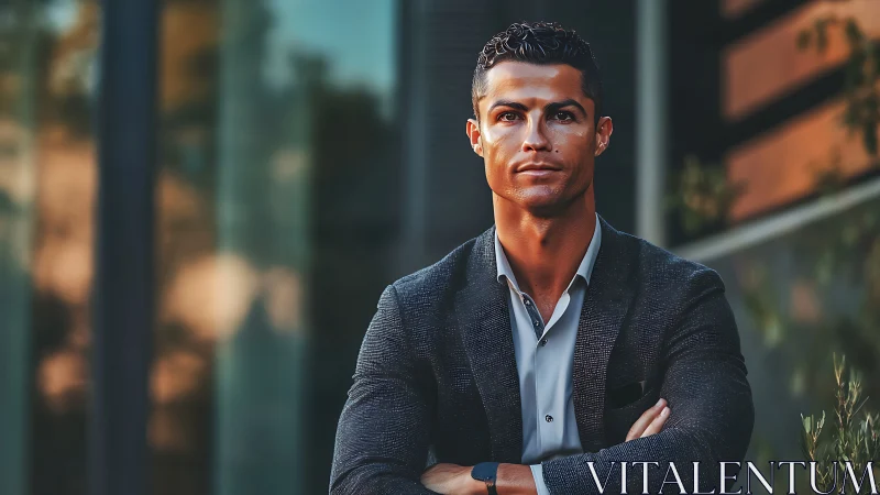 Sharp-suited professional leans into dusk-lit urban reflections