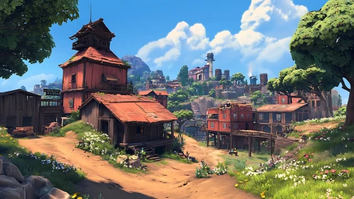 Sunlit cliffside village winding between trees and towers.