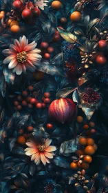 Luminous fruit and flowers glow against deep teal foliage.