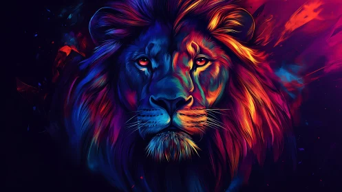 Multicolor lion portrait in abstract digital illustration.