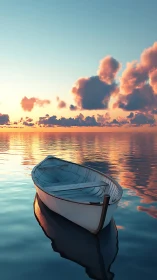 Solitary rowboat rests on glassy sea at glowing sunset.