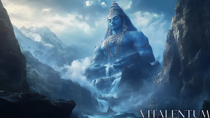 Colossal blue deity statue integrated into mountain valley.