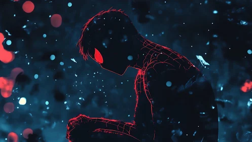 Silhouetted web-suited figure in profile amid bokeh field.