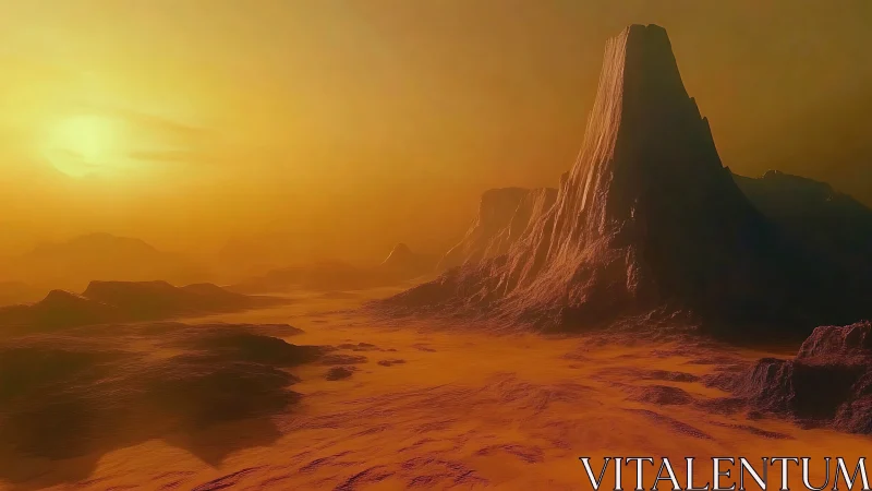 Glowing alien mesa at sunset on a quiet desert world.