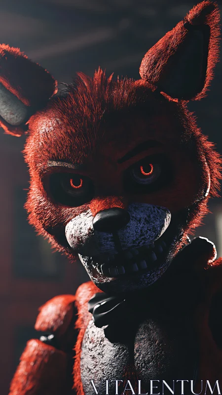 Cinematic render of red animatronic fox with dramatic rim lighting
