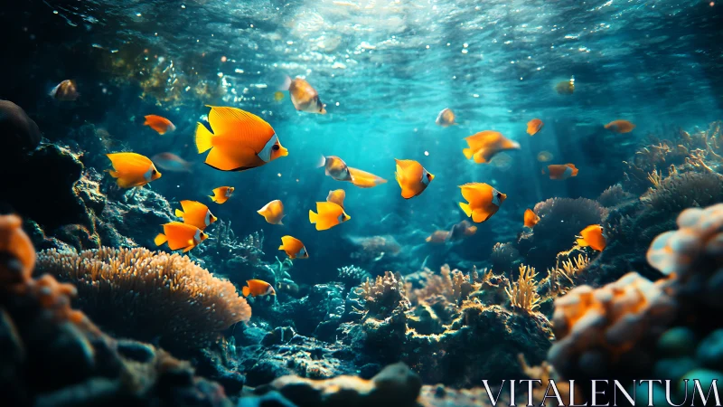 Golden reef fish drift gently through sunlit turquoise water