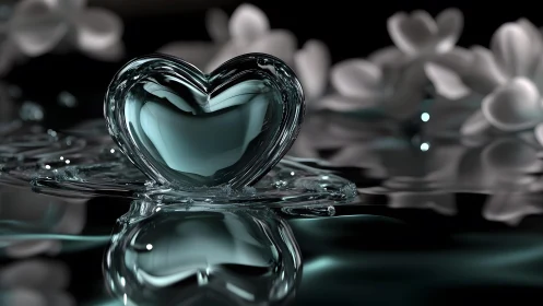 Glass Heart on Reflective Water with Soft Floral Background, Digital Art.
