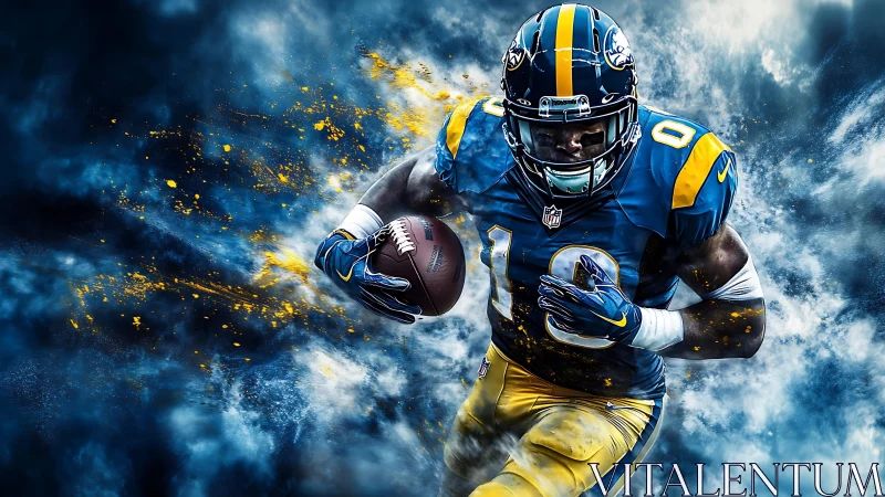 Explosive digital rendering of NFL running back in motion surge