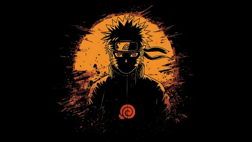 Silhouetted ninja figure before distressed orange circle.