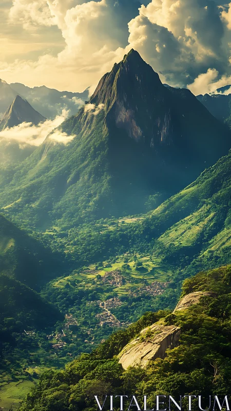 Volumetric-lit alpine spire above densely forested valley settlement.