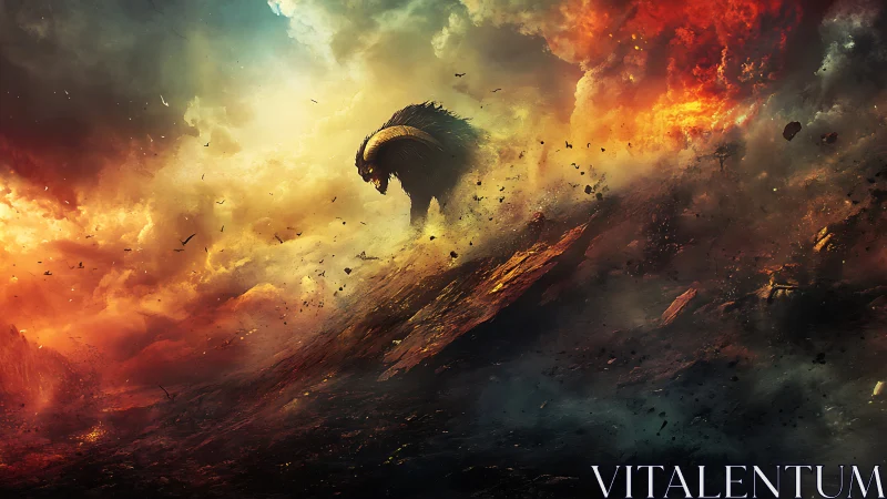 Titanic horned beast dominates erupting slope under turbulent sky