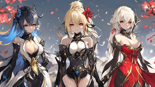 Elemental sisters stand together beneath drifting petals.