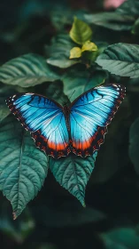 Blue butterfly rests on deep green leaves in soft focus