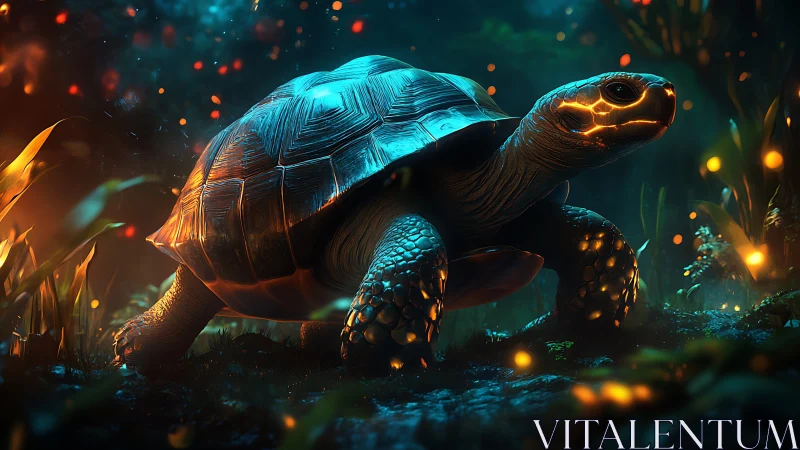 Bioluminescent turtle in stylized forest night environment.