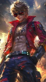 Red-jacketed cyberpunk male with visor in fiery setting.
