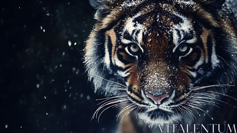 Snow-dusted tiger walks straight through the midnight hush