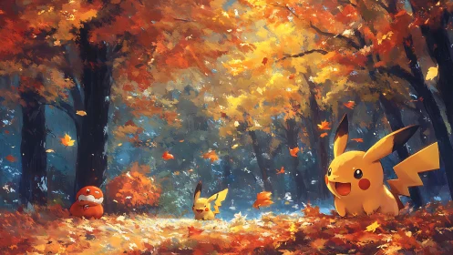 Playful electric creatures in a glowing autumn forest scene.
