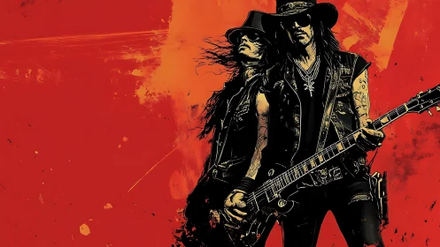 Rock guitarists dominate grungy red stage backdrop