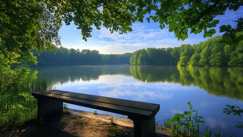 Lakeside bench under green canopy beside calm water reflection.