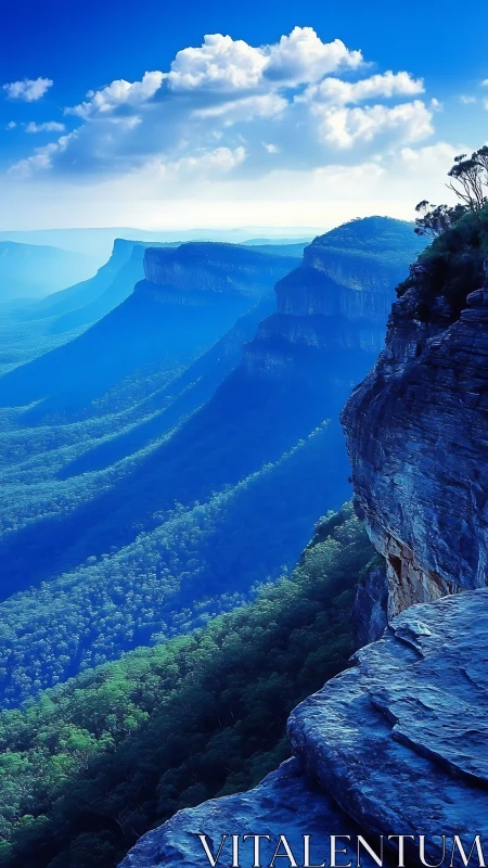 Sheer blue cliffs above misty forest valley at sunrise.