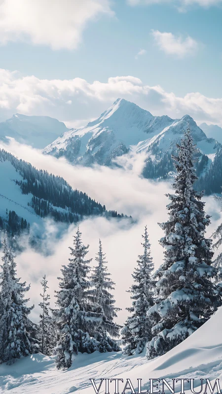Snow-laden conifer forest framing stratified alpine massifs.