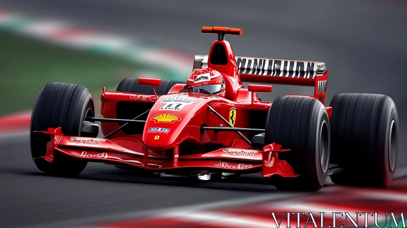 Scarlet formula racer car knifes through a blurred speedway.