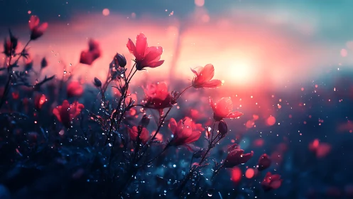 Pink flowers field with bokeh illumination effect at sunset.