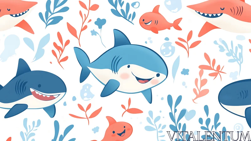 Cartoon sharks and sea plants repeat across a white field