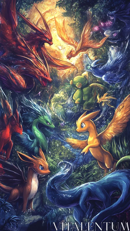 Elemental fox guardians spiral through a glowing forest sky.