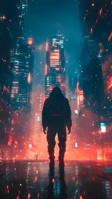 Wanderer in glowing neon streets of a misty future city.