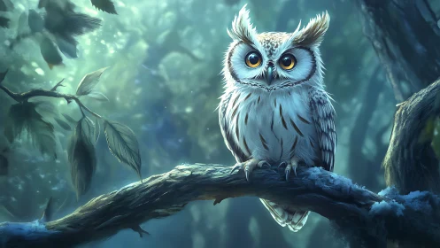 Enchanting Owl on Tree Branch in Dreamlike Forest Art Style.