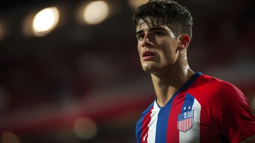 Focused soccer player in USA striped jersey under lights.