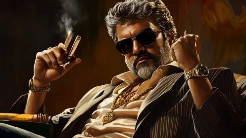 Digital painting portrait of stylish cigar-smoking mob boss.