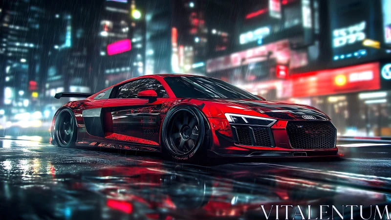 Red sports coupe on wet neon city street at night scene.