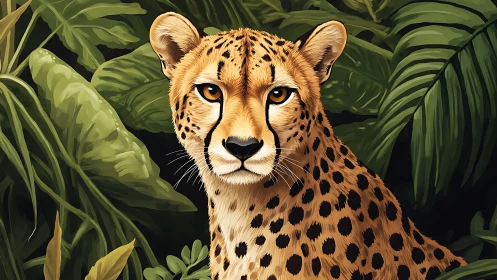 Cheetah gazes calmly amid lush tropical jungle foliage.