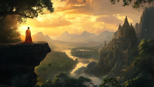 Monk gazes over sunlit valley toward ancient cliff temple