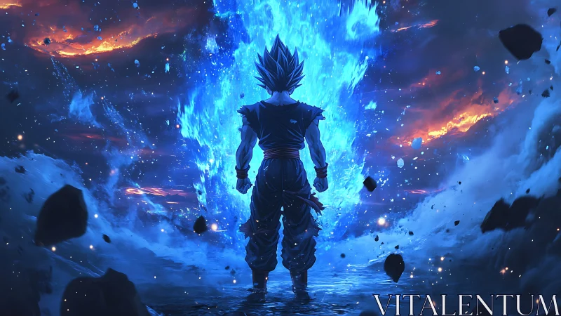 Blue energy warrior stands amid exploding cosmic storm