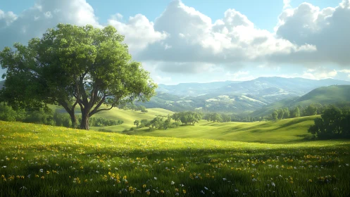 Sunlit oak dominates rolling valley under stratified spring clouds