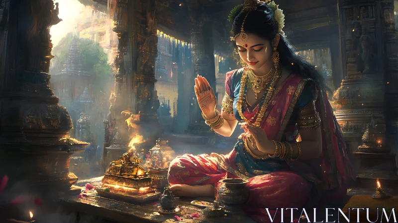 Digital painting of Indian woman in ornate temple prayer ritual