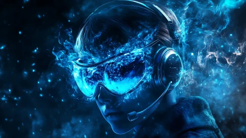 Neon dream pilot surfing electric data storms in VR blue.