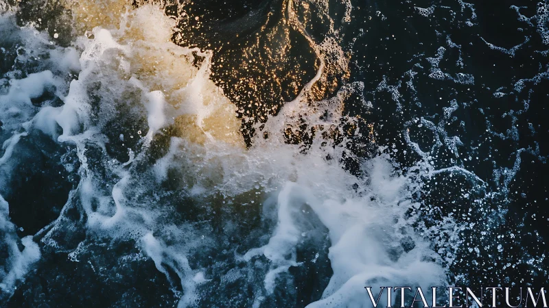 Turbulent seawater surface captures foamy wake and golden spray