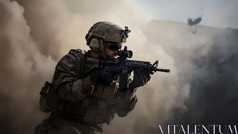 Focused modern soldier advances carefully through thick smoke