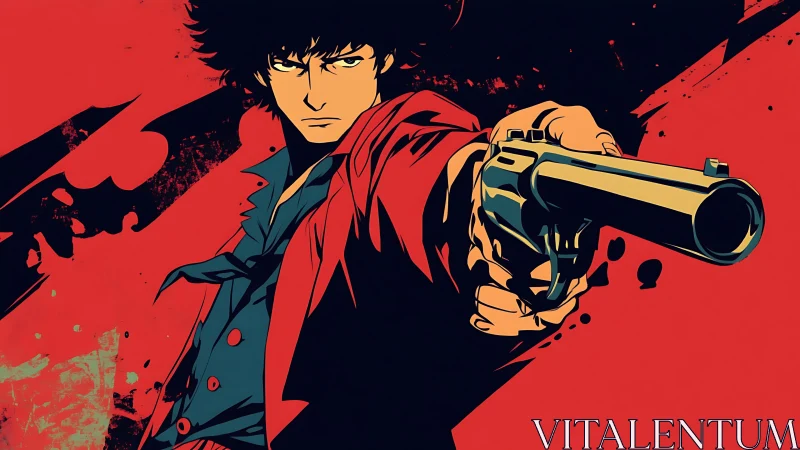 Gun-wielding anime hero extends revolver toward viewer