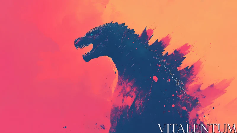 Silhouetted reptilian kaiju rendered against duotone gradient field