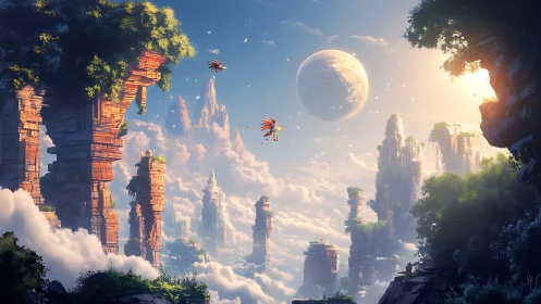 Vertically stratified sky ruins with atmospheric depth and distant planet