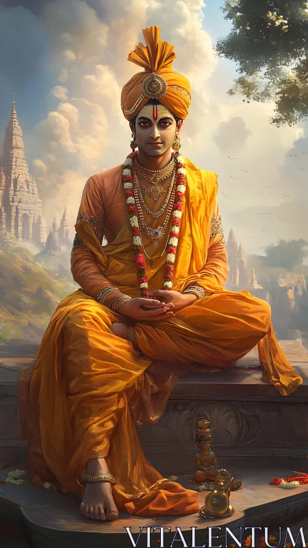 Saffron-robed deity seated in golden dawn serenity.