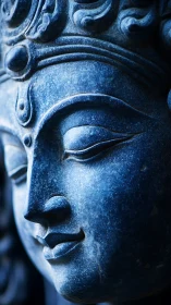 Serene blue stone deity portrait in tight macro composition.